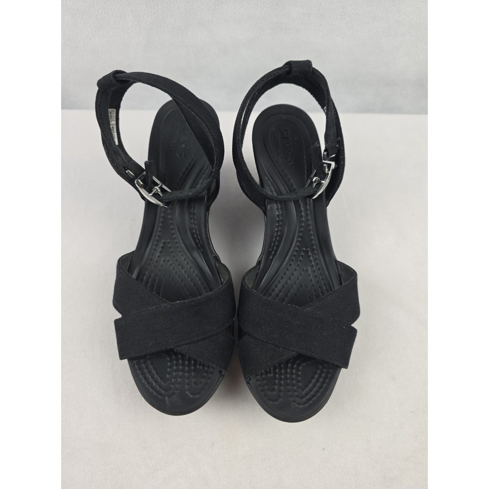 Crocs Leigh II Ankle CrossStrap Wedge Sandal Women's Size 6  Black - Picture 2 of 8